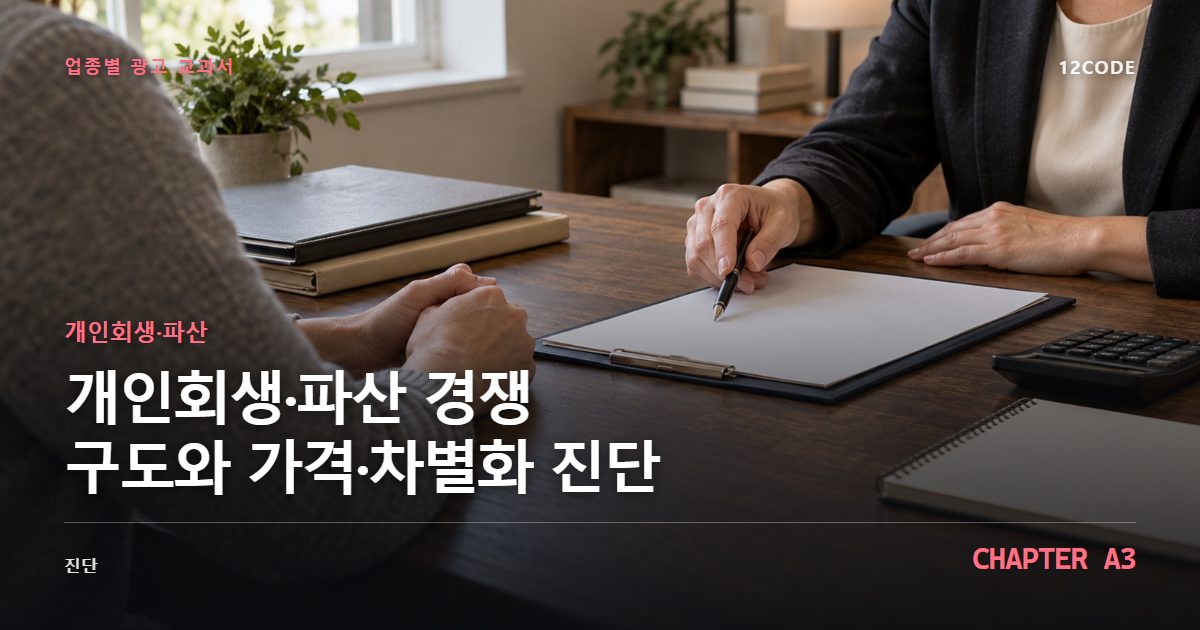 개인회생·파산 업종별 광고 교과서 A3장, 경쟁 구도와 가격·차별화 진단을 안내하는 표지 이미지