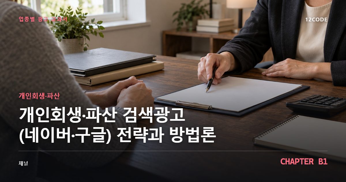 개인회생·파산 업종별 광고 교과서 B1장, 검색광고(네이버·구글) 전략과 방법론을 안내하는 표지 이미지
