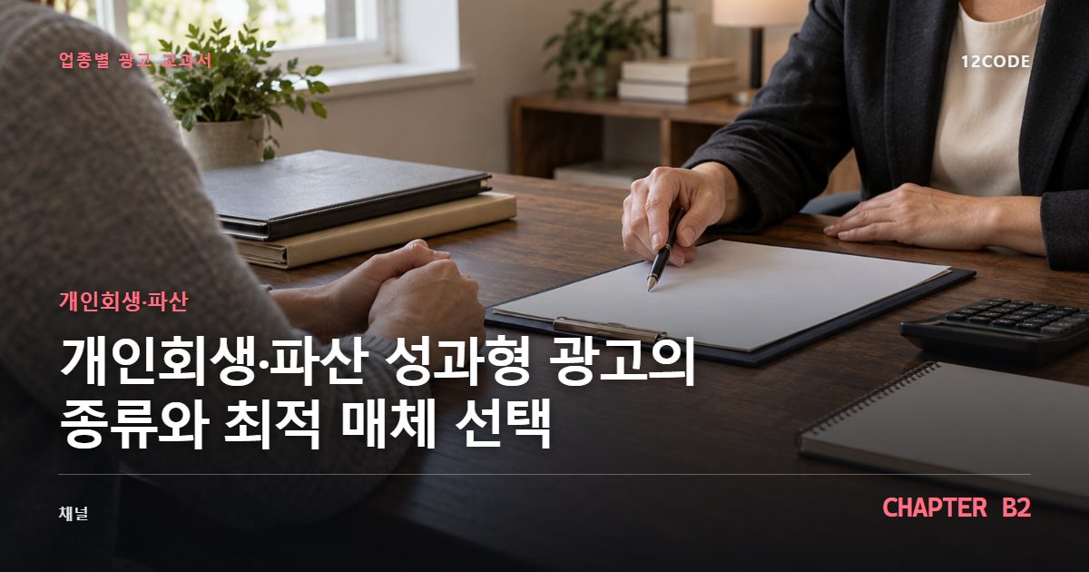 개인회생·파산 업종별 광고 교과서 B2장, 성과형 광고의 종류와 최적 매체 선택을 안내하는 표지 이미지