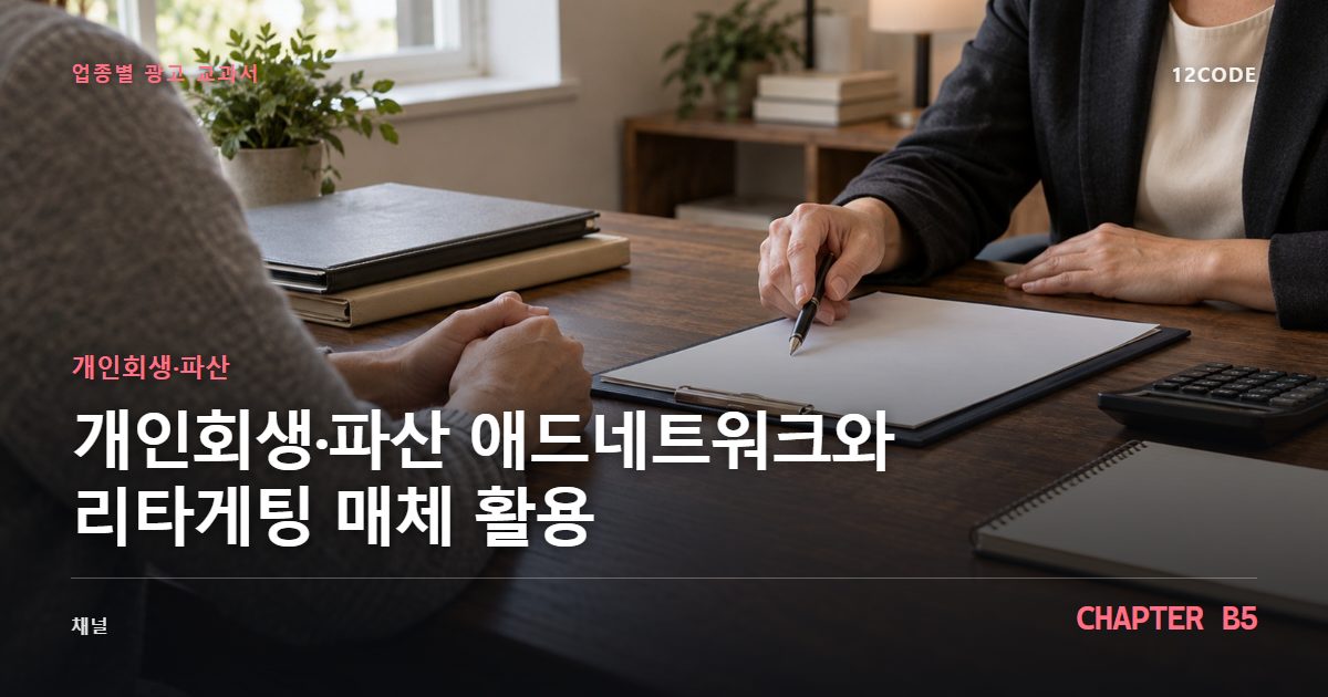개인회생·파산 업종별 광고 교과서 B5장, 애드네트워크와 리타게팅 매체 활용을 안내하는 표지 이미지