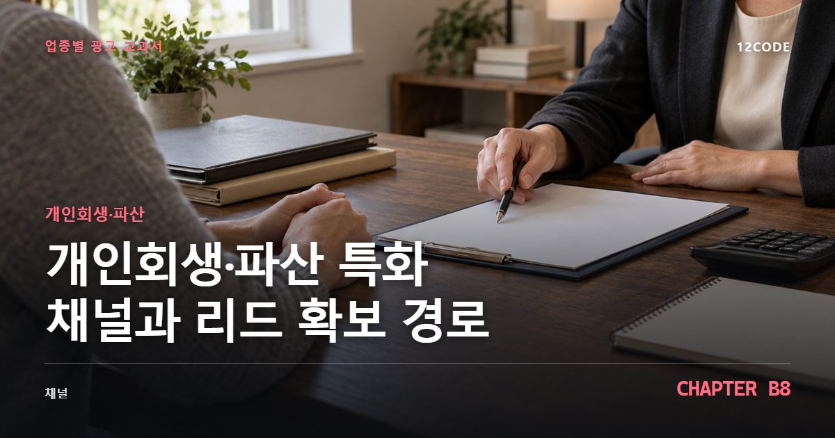 개인회생·파산 업종별 광고 교과서 B8장, 특화 채널과 리드 확보 경로을 안내하는 표지 이미지