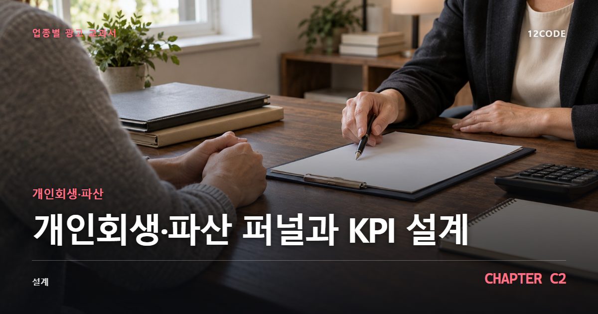 개인회생·파산 업종별 광고 교과서 C2장, 퍼널과 KPI 설계을 안내하는 표지 이미지