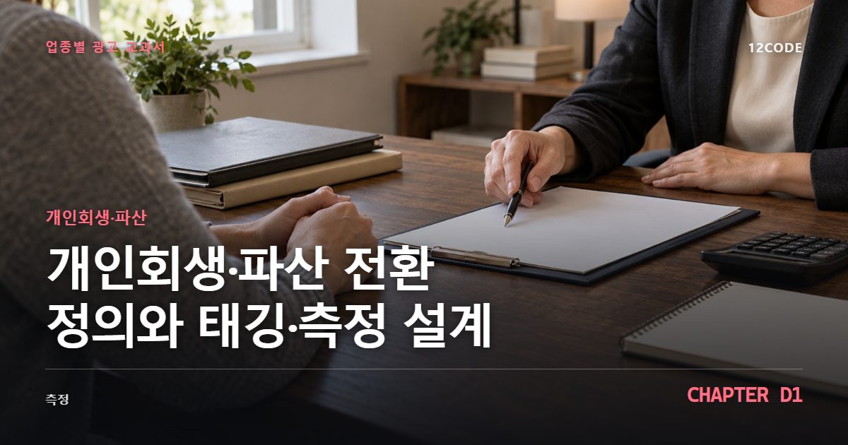 개인회생·파산 업종별 광고 교과서 D1장, 전환 정의와 태깅·측정 설계을 안내하는 표지 이미지