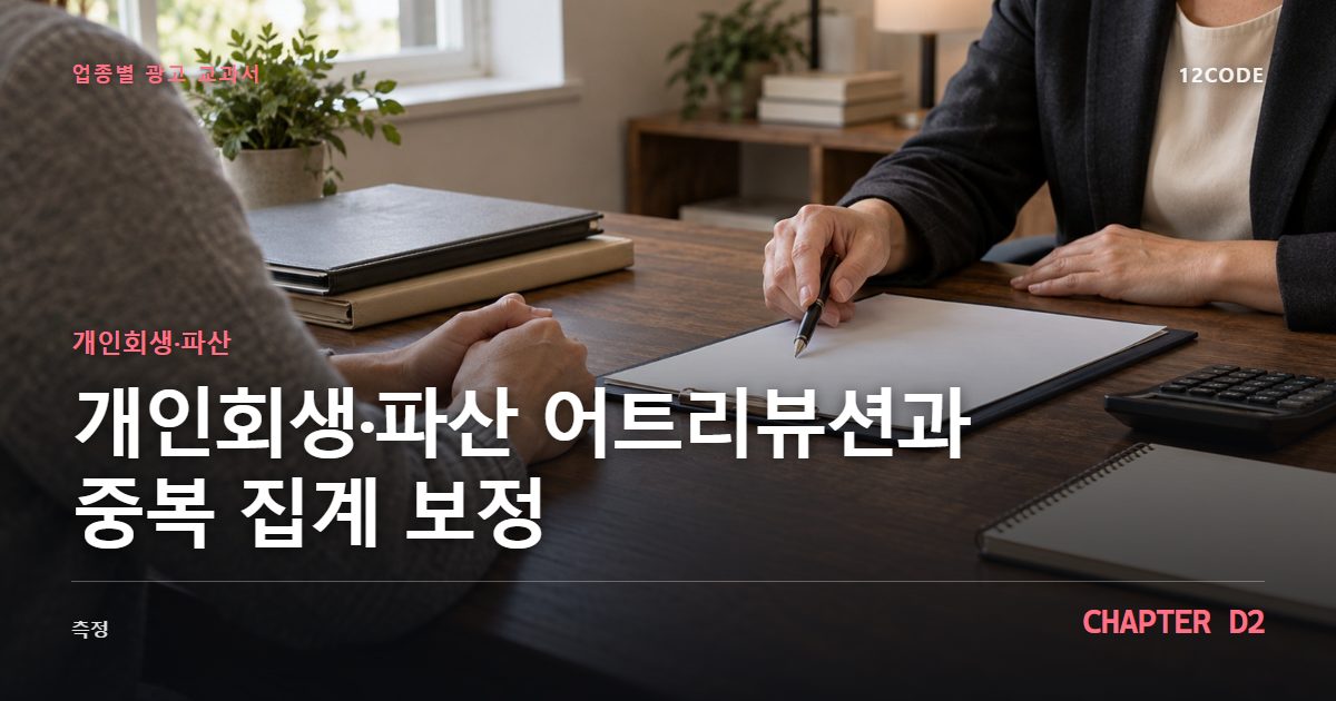 개인회생·파산 업종별 광고 교과서 D2장, 어트리뷰션과 중복 집계 보정을 안내하는 표지 이미지