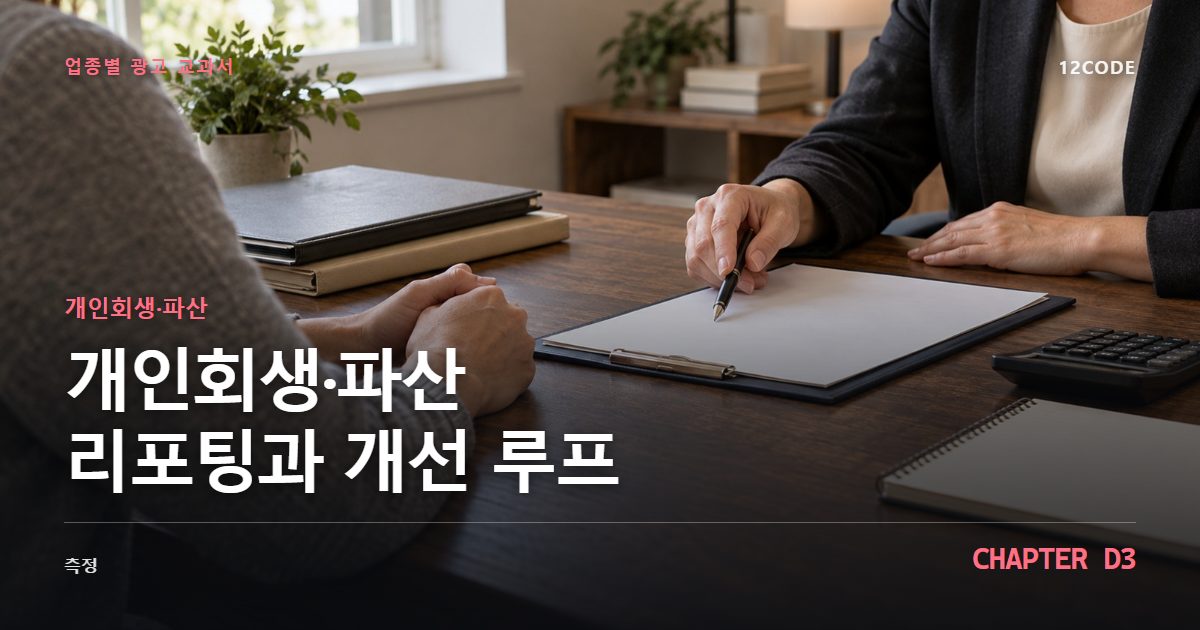 개인회생·파산 업종별 광고 교과서 D3장, 리포팅과 개선 루프을 안내하는 표지 이미지