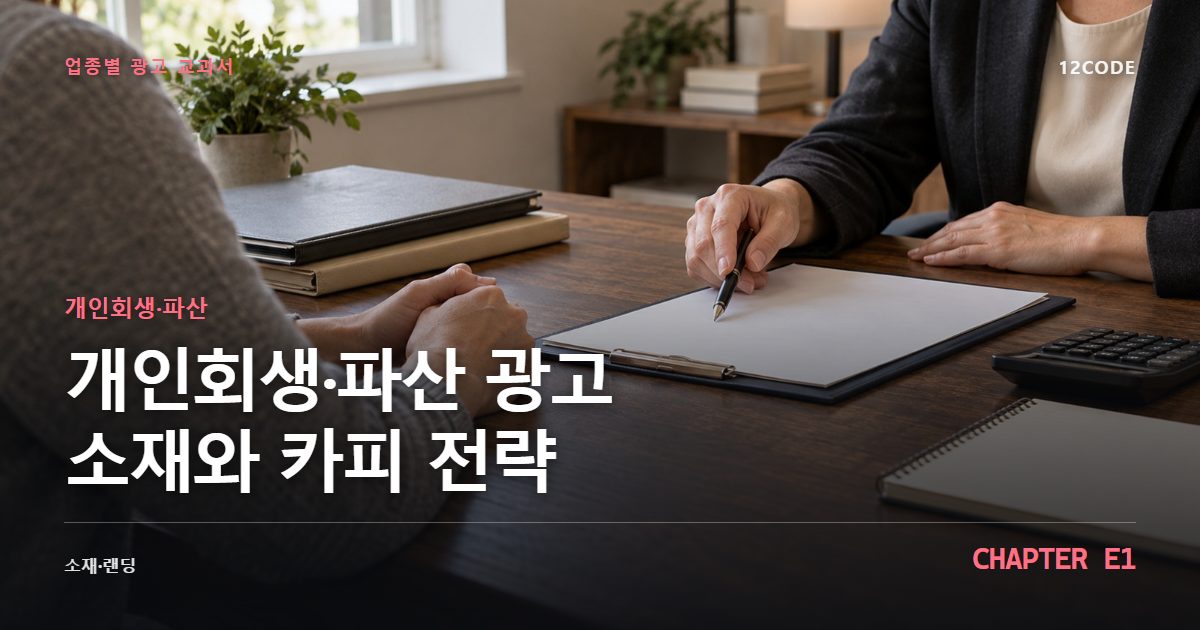 개인회생·파산 업종별 광고 교과서 E1장, 광고 소재와 카피 전략을 안내하는 표지 이미지