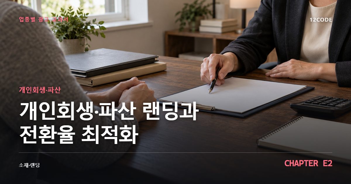개인회생·파산 업종별 광고 교과서 E2장, 랜딩과 전환율 최적화을 안내하는 표지 이미지