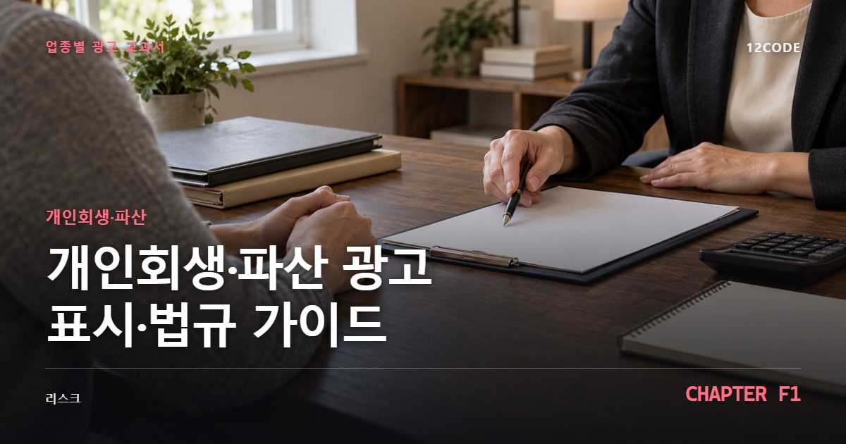 개인회생·파산 업종별 광고 교과서 F1장, 광고 표시·법규 가이드을 안내하는 표지 이미지