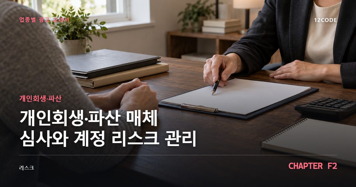 개인회생·파산 업종별 광고 교과서 F2장, 매체 심사와 계정 리스크 관리을 안내하는 표지 이미지