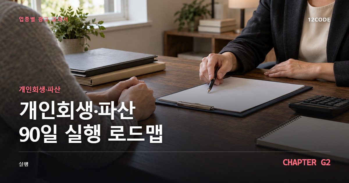 개인회생·파산 업종별 광고 교과서 G2장, 90일 실행 로드맵을 안내하는 표지 이미지