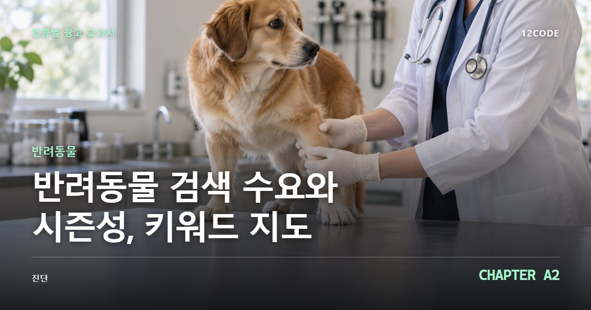 반려동물 업종별 광고 교과서 A2장, 검색 수요와 시즌성, 키워드 지도을 안내하는 표지 이미지