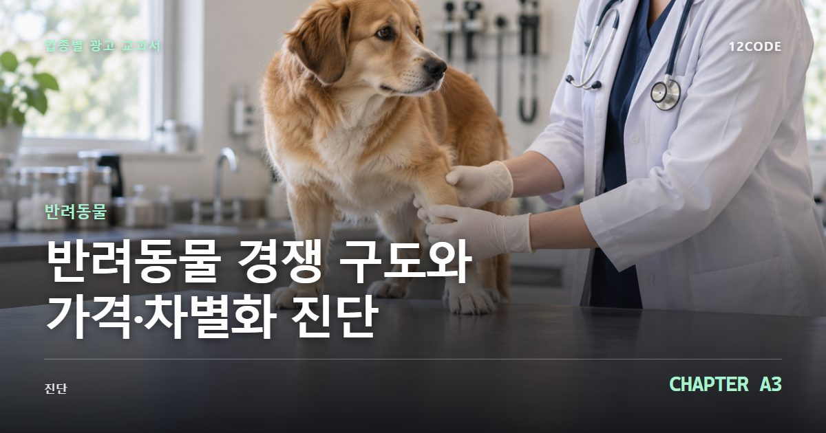 반려동물 업종별 광고 교과서 A3장, 경쟁 구도와 가격·차별화 진단을 안내하는 표지 이미지
