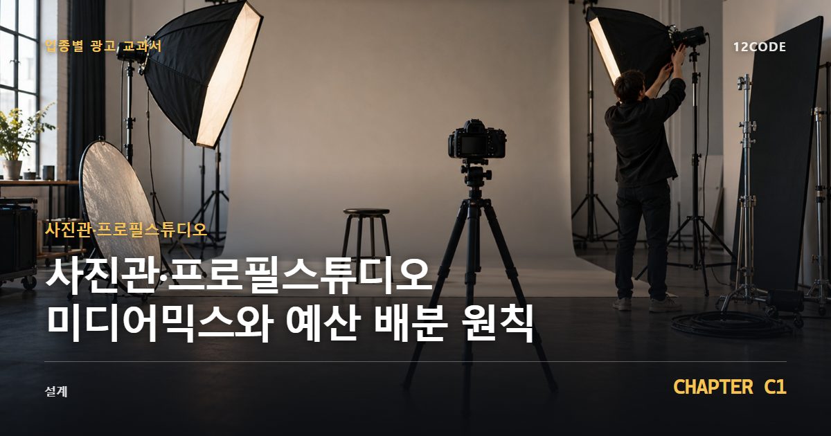 사진관·프로필스튜디오 업종별 광고 교과서 C1장, 미디어믹스와 예산 배분 원칙을 안내하는 표지 이미지
