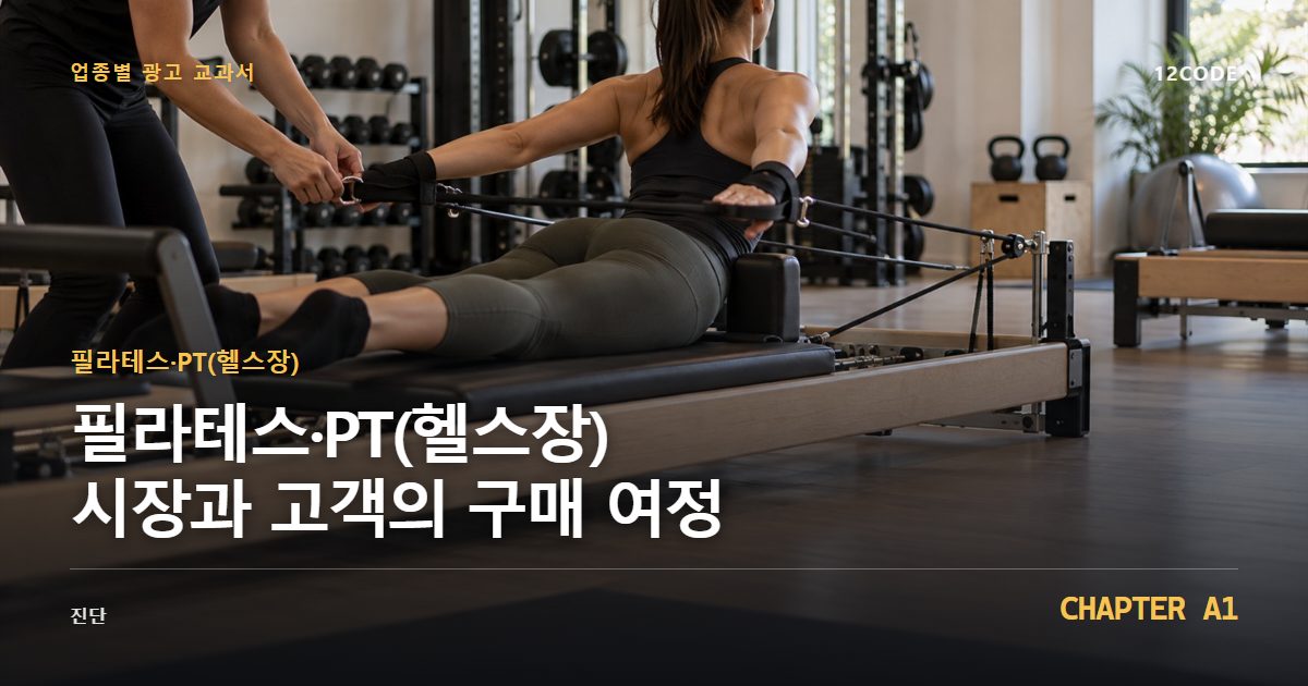 필라테스·PT(헬스장) 업종별 광고 교과서 A1장, 시장과 고객의 구매 여정을 안내하는 표지 이미지