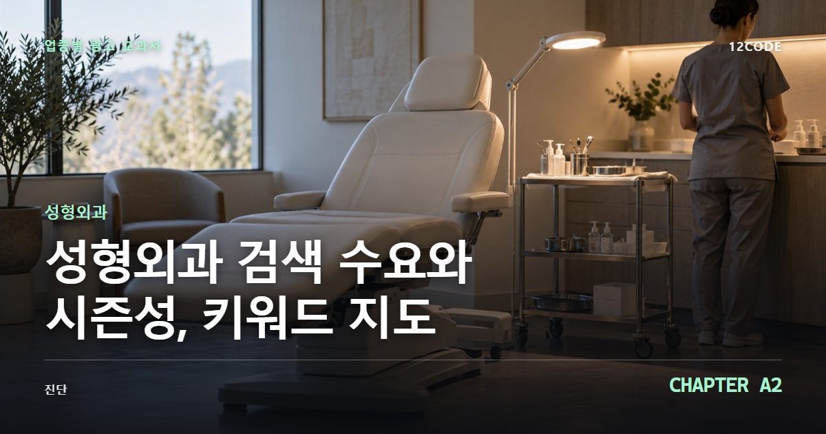 성형외과 업종별 광고 교과서 A2장, 검색 수요와 시즌성, 키워드 지도을 안내하는 표지 이미지