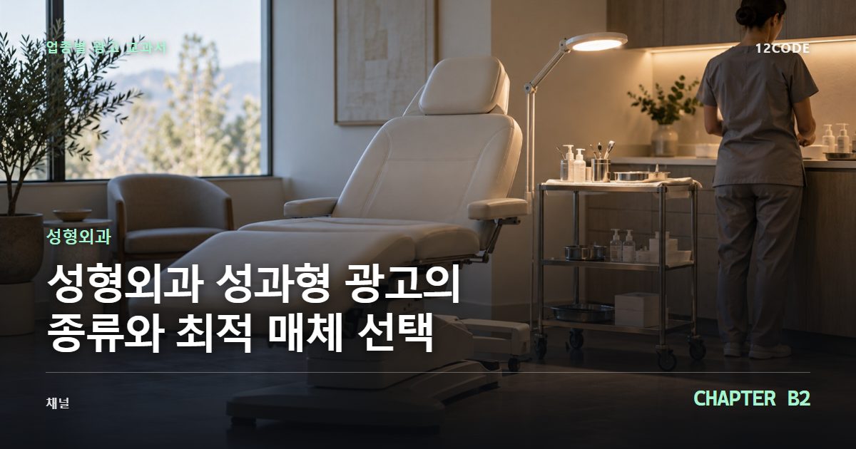 성형외과 업종별 광고 교과서 B2장, 성과형 광고의 종류와 최적 매체 선택을 안내하는 표지 이미지