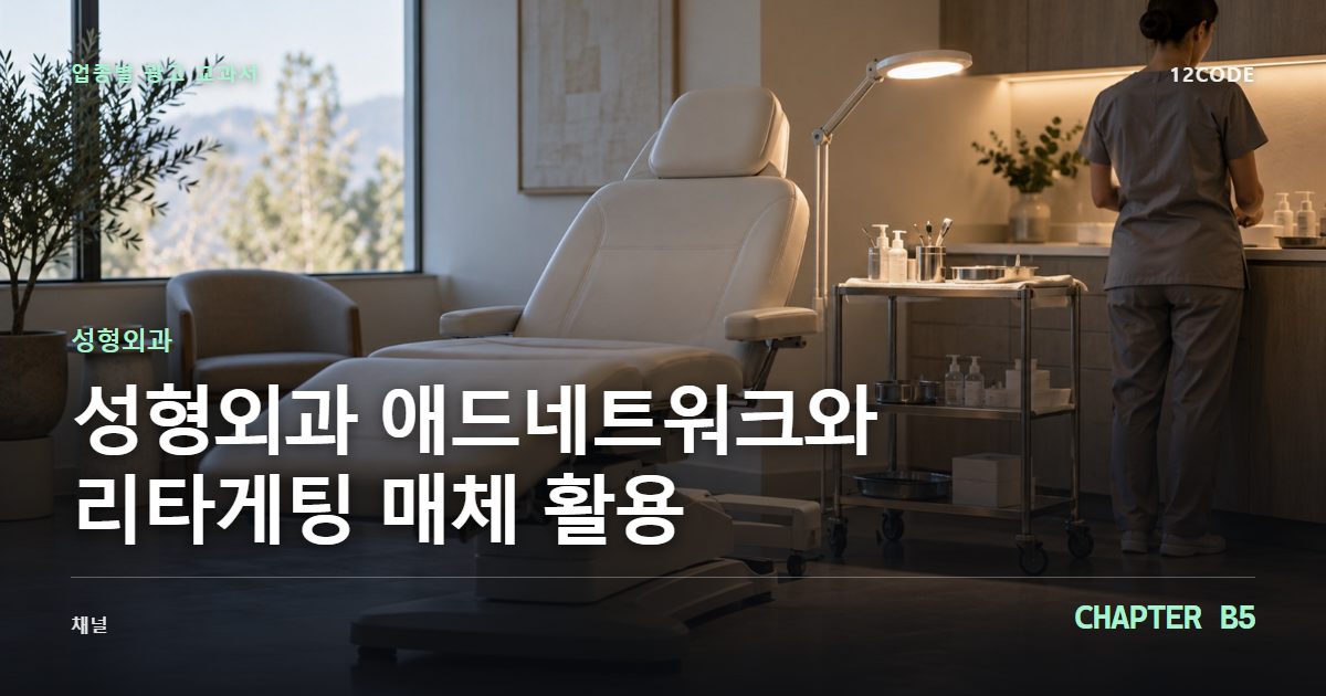 성형외과 업종별 광고 교과서 B5장, 애드네트워크와 리타게팅 매체 활용을 안내하는 표지 이미지