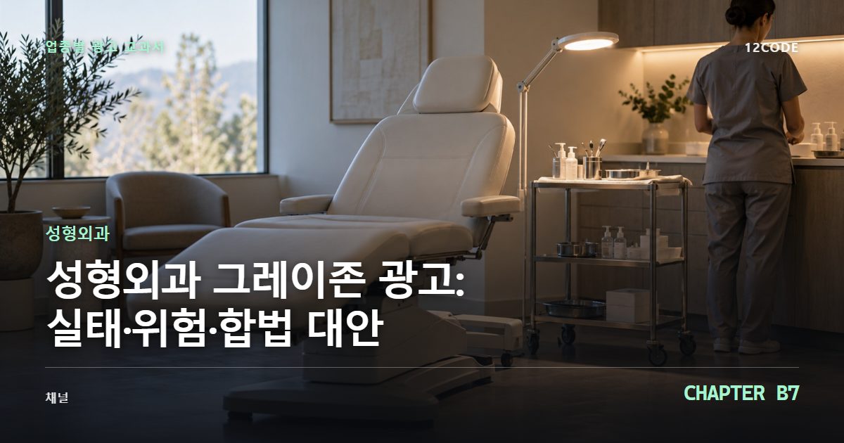 성형외과 업종별 광고 교과서 B7장, 그레이존 광고: 실태·위험·합법 대안을 안내하는 표지 이미지