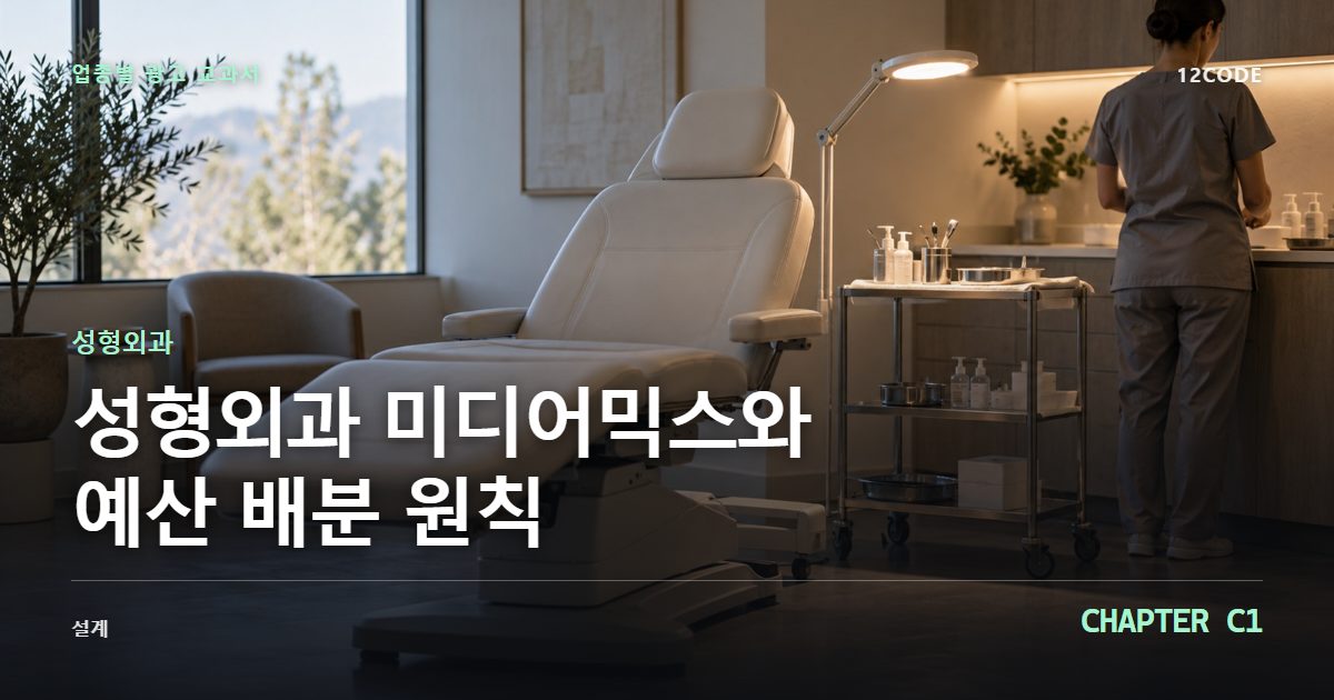 성형외과 업종별 광고 교과서 C1장, 미디어믹스와 예산 배분 원칙을 안내하는 표지 이미지