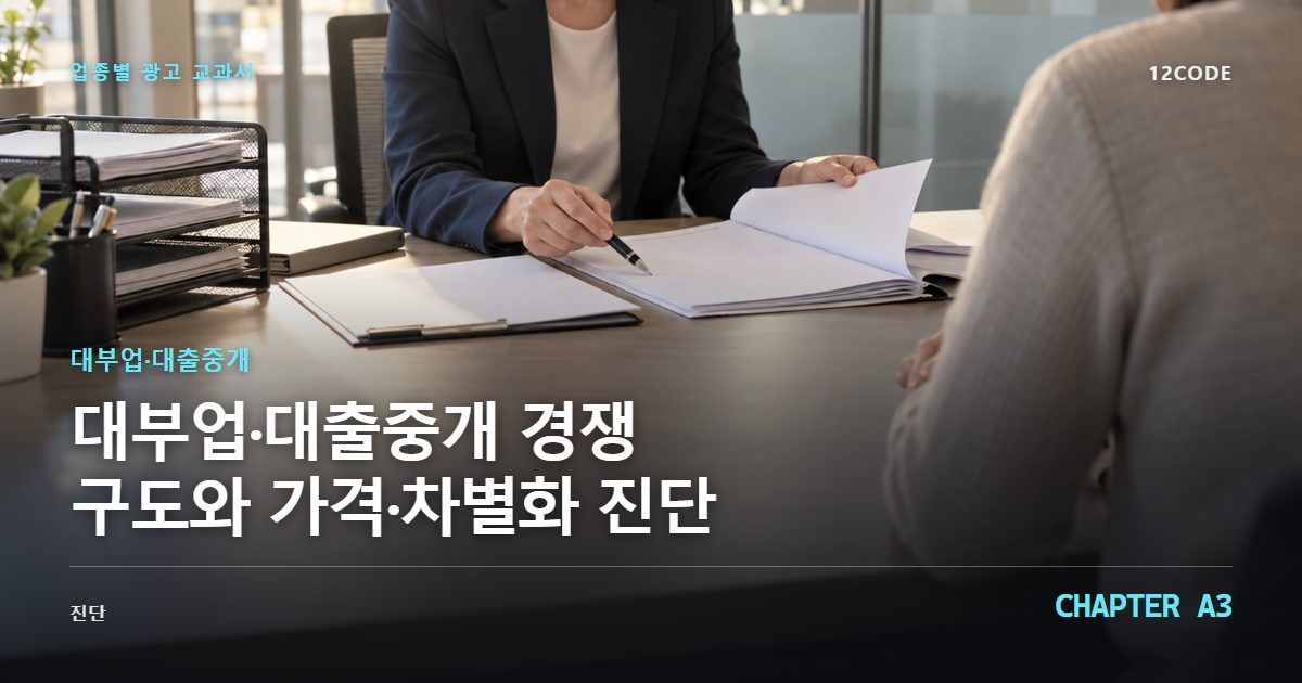 대부업·대출중개 업종별 광고 교과서 A3장, 경쟁 구도와 가격·차별화 진단을 안내하는 표지 이미지