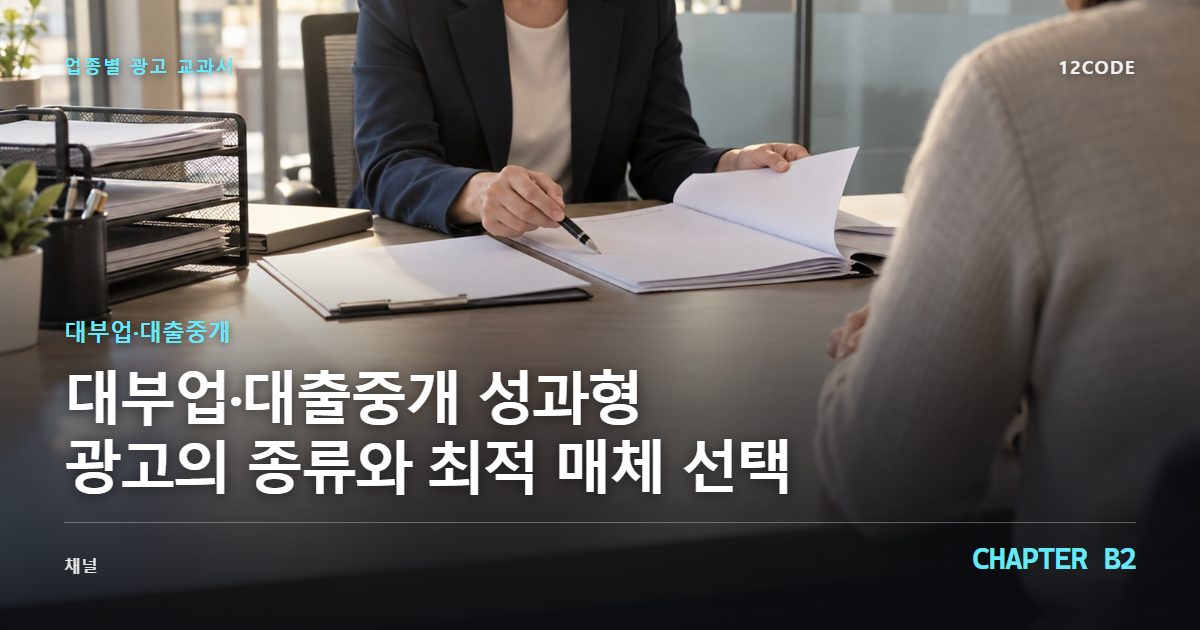 대부업·대출중개 업종별 광고 교과서 B2장, 성과형 광고의 종류와 최적 매체 선택을 안내하는 표지 이미지