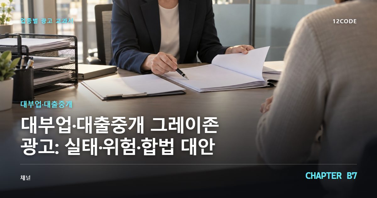 대부업·대출중개 업종별 광고 교과서 B7장, 그레이존 광고: 실태·위험·합법 대안을 안내하는 표지 이미지