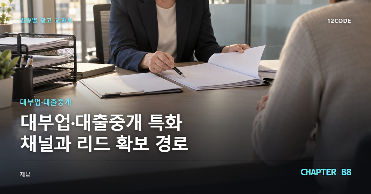 대부업·대출중개 업종별 광고 교과서 B8장, 특화 채널과 리드 확보 경로을 안내하는 표지 이미지