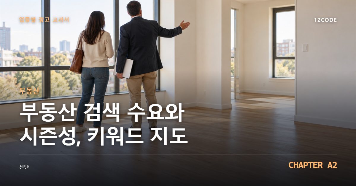 부동산 업종별 광고 교과서 A2장, 검색 수요와 시즌성, 키워드 지도을 안내하는 표지 이미지