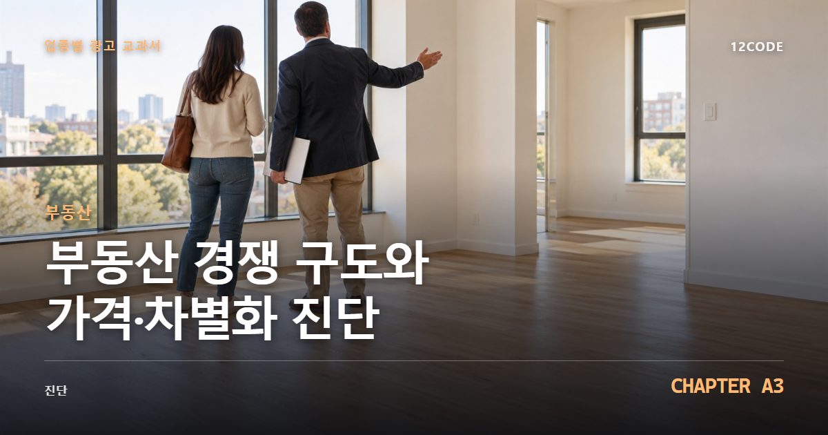 부동산 업종별 광고 교과서 A3장, 경쟁 구도와 가격·차별화 진단을 안내하는 표지 이미지