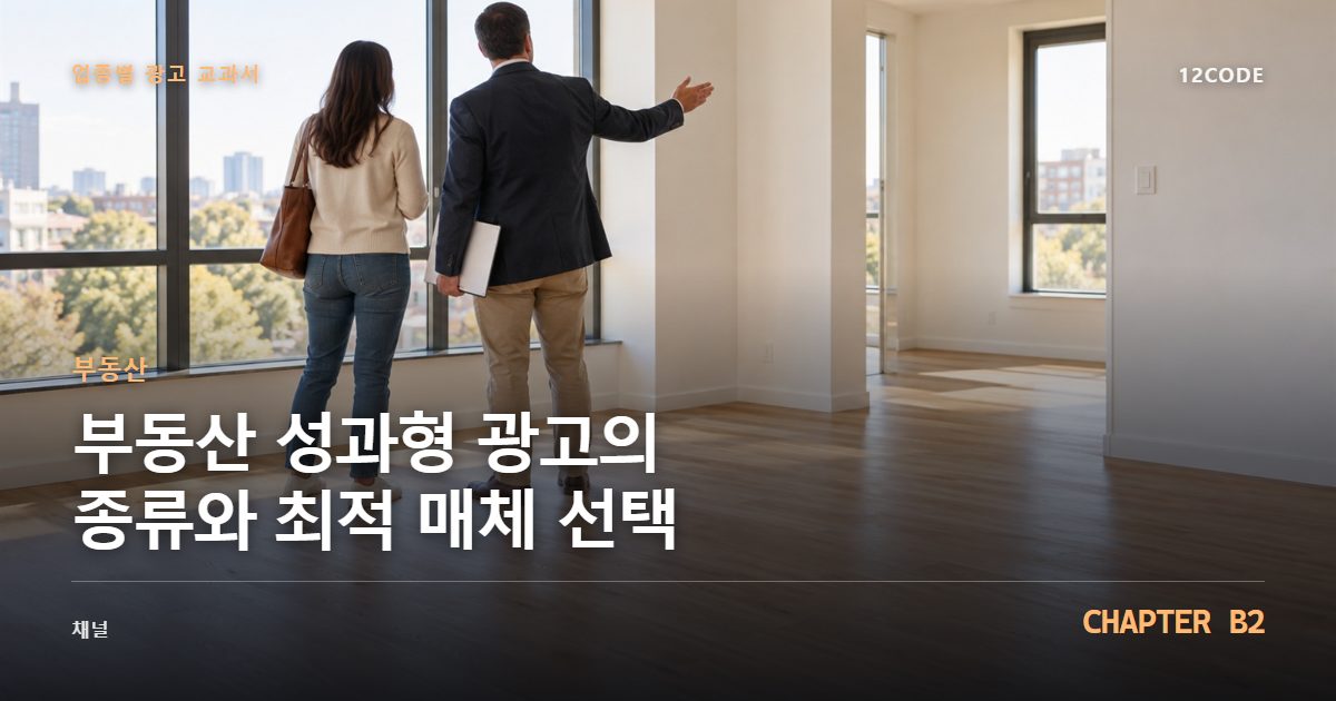 부동산 업종별 광고 교과서 B2장, 성과형 광고의 종류와 최적 매체 선택을 안내하는 표지 이미지