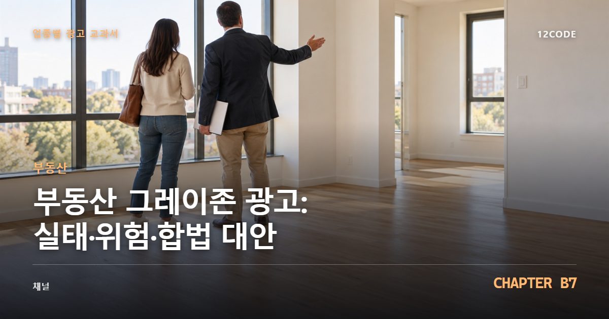 부동산 업종별 광고 교과서 B7장, 그레이존 광고: 실태·위험·합법 대안을 안내하는 표지 이미지