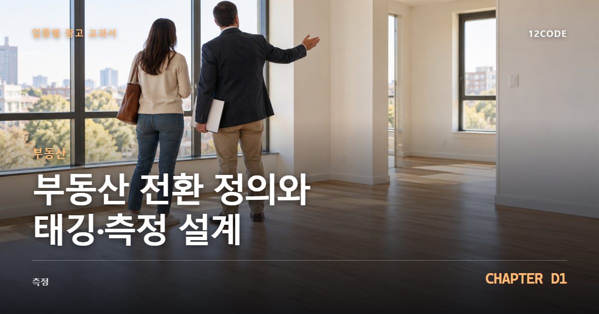 부동산 업종별 광고 교과서 D1장, 전환 정의와 태깅·측정 설계을 안내하는 표지 이미지