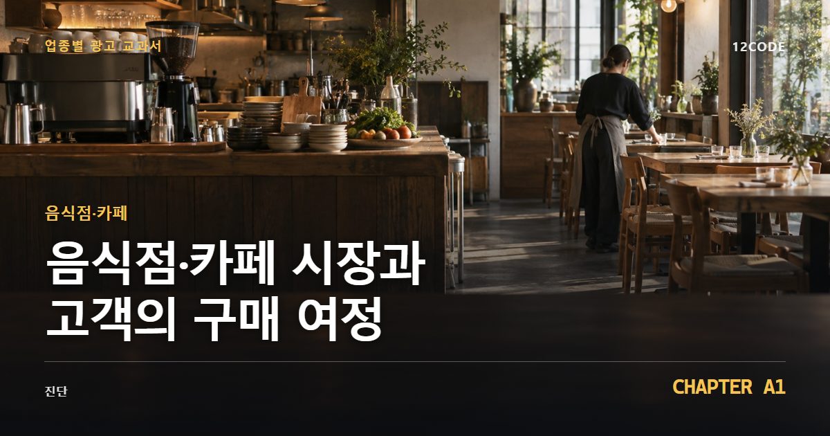 음식점·카페 업종별 광고 교과서 A1장, 시장과 고객의 구매 여정을 안내하는 표지 이미지