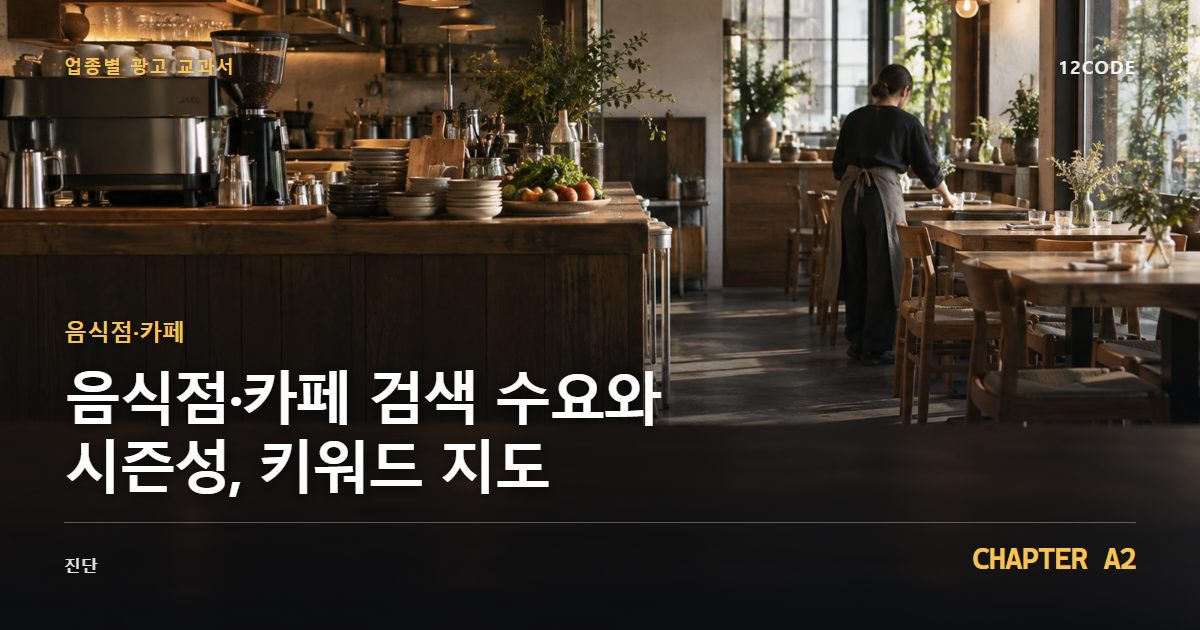 음식점·카페 업종별 광고 교과서 A2장, 검색 수요와 시즌성, 키워드 지도을 안내하는 표지 이미지