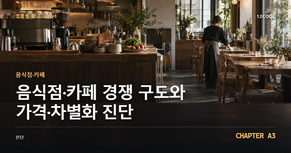 음식점·카페 업종별 광고 교과서 A3장, 경쟁 구도와 가격·차별화 진단을 안내하는 표지 이미지