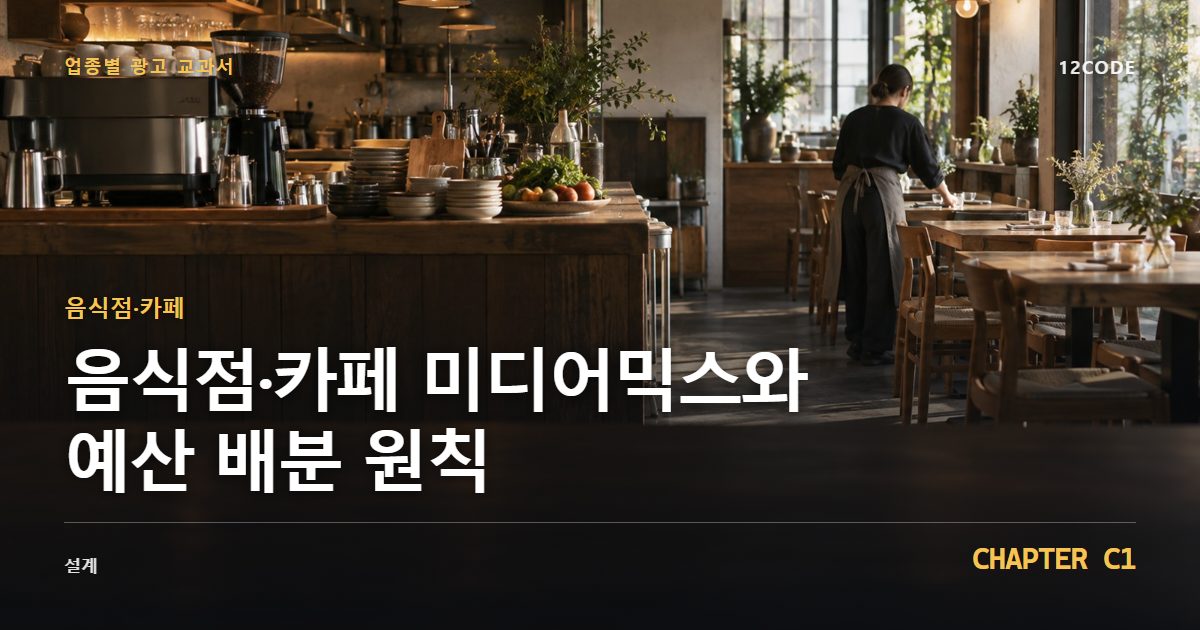 음식점·카페 업종별 광고 교과서 C1장, 미디어믹스와 예산 배분 원칙을 안내하는 표지 이미지