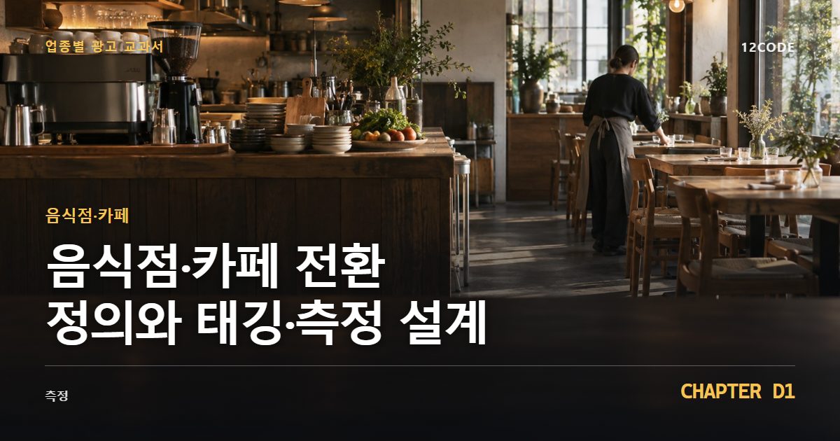 음식점·카페 업종별 광고 교과서 D1장, 전환 정의와 태깅·측정 설계을 안내하는 표지 이미지