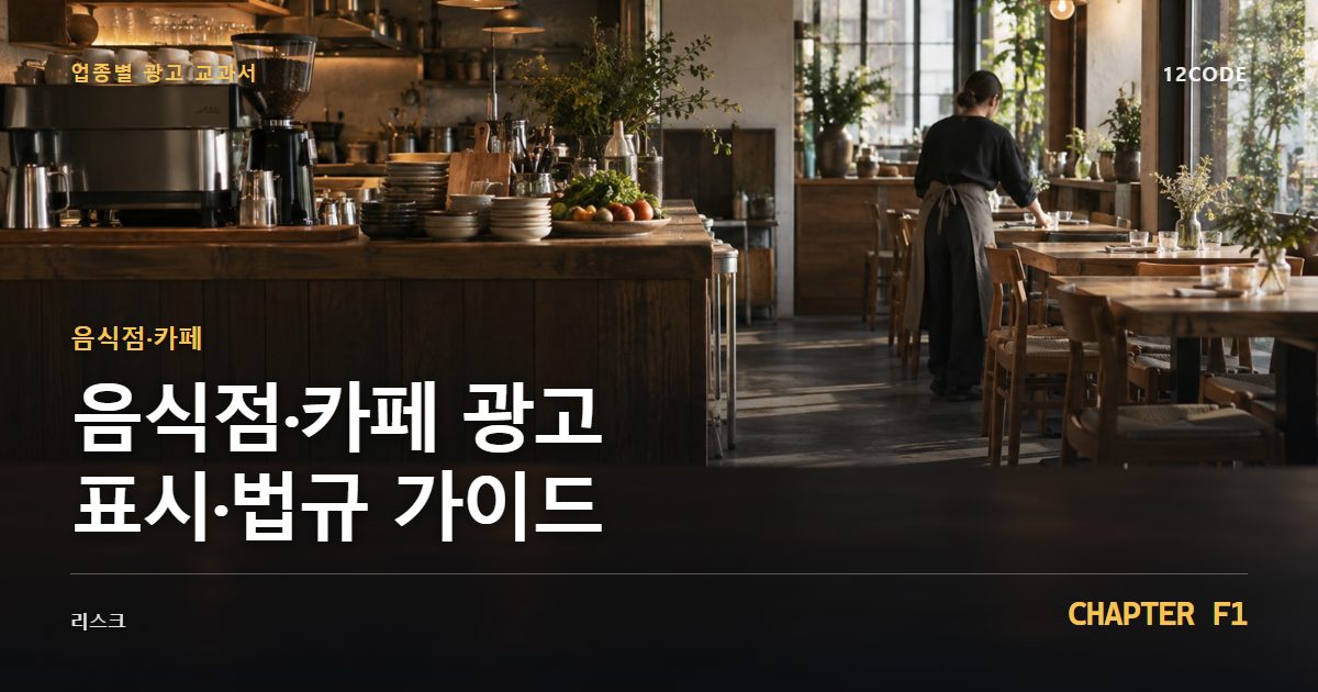 음식점·카페 업종별 광고 교과서 F1장, 광고 표시·법규 가이드을 안내하는 표지 이미지