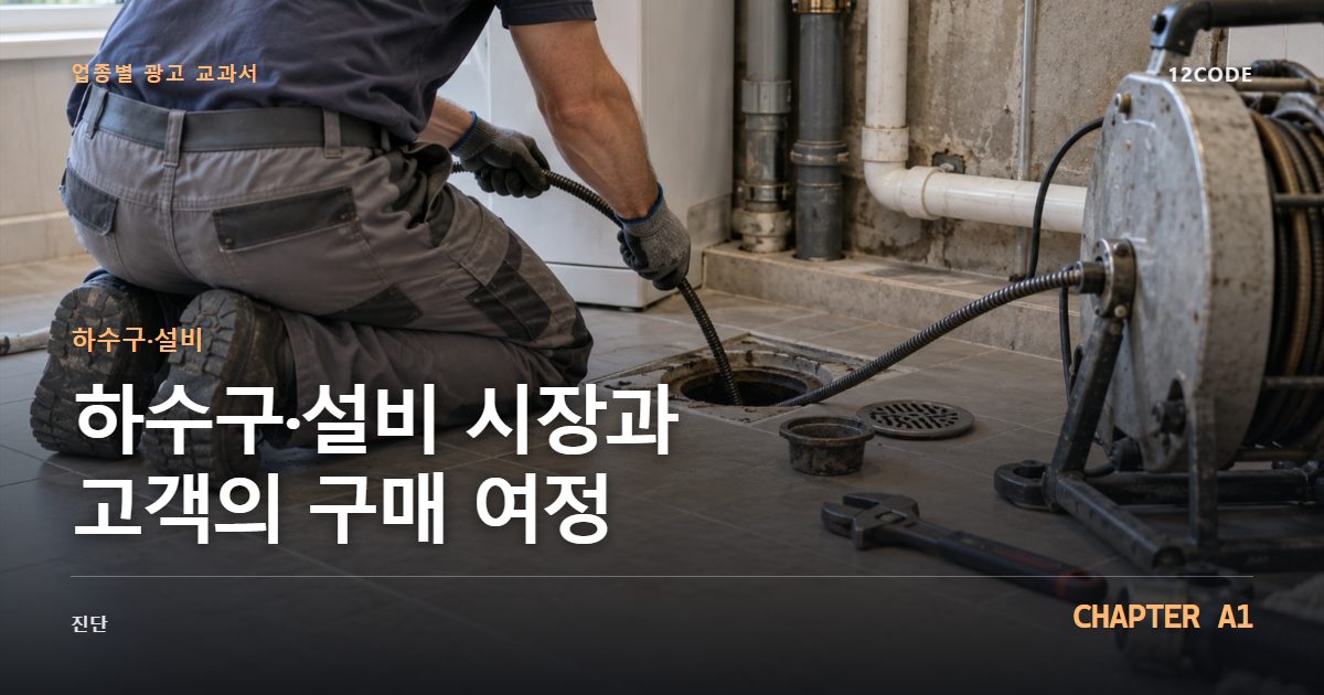 하수구·설비 업종별 광고 교과서 A1장, 시장과 고객의 구매 여정을 안내하는 표지 이미지