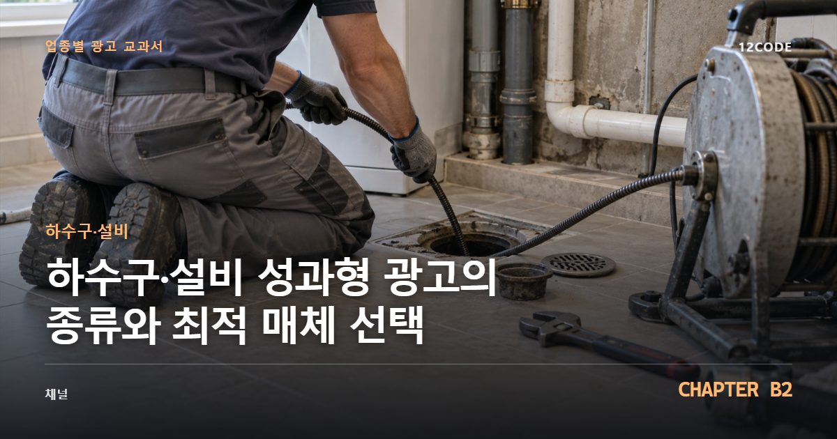 하수구·설비 업종별 광고 교과서 B2장, 성과형 광고의 종류와 최적 매체 선택을 안내하는 표지 이미지
