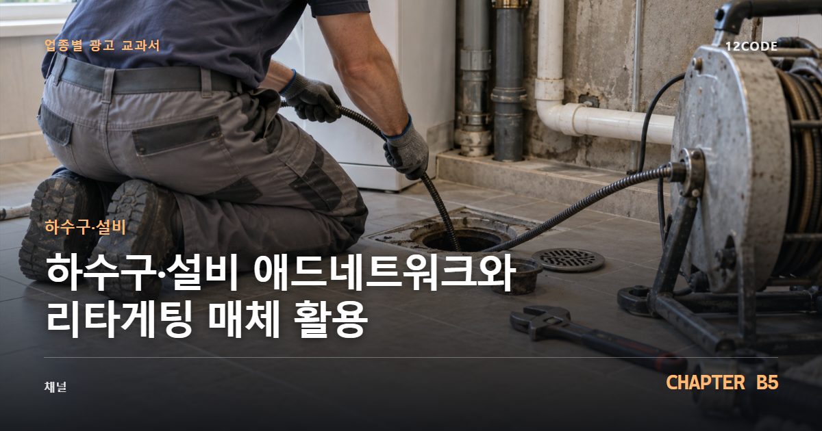 하수구·설비 업종별 광고 교과서 B5장, 애드네트워크와 리타게팅 매체 활용을 안내하는 표지 이미지