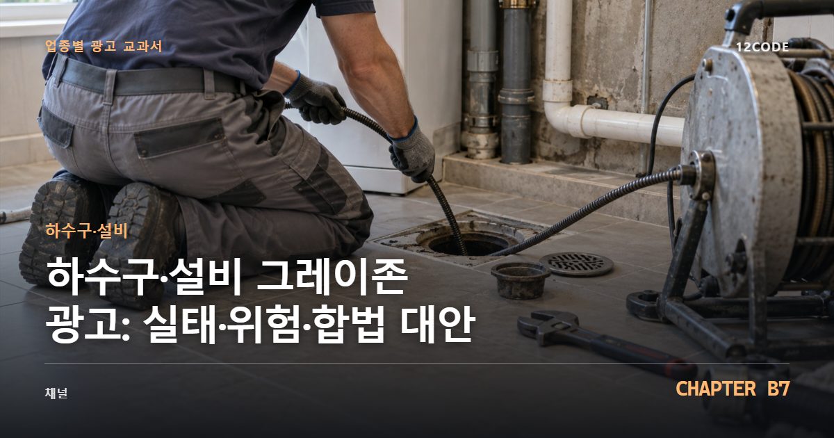 하수구·설비 업종별 광고 교과서 B7장, 그레이존 광고: 실태·위험·합법 대안을 안내하는 표지 이미지