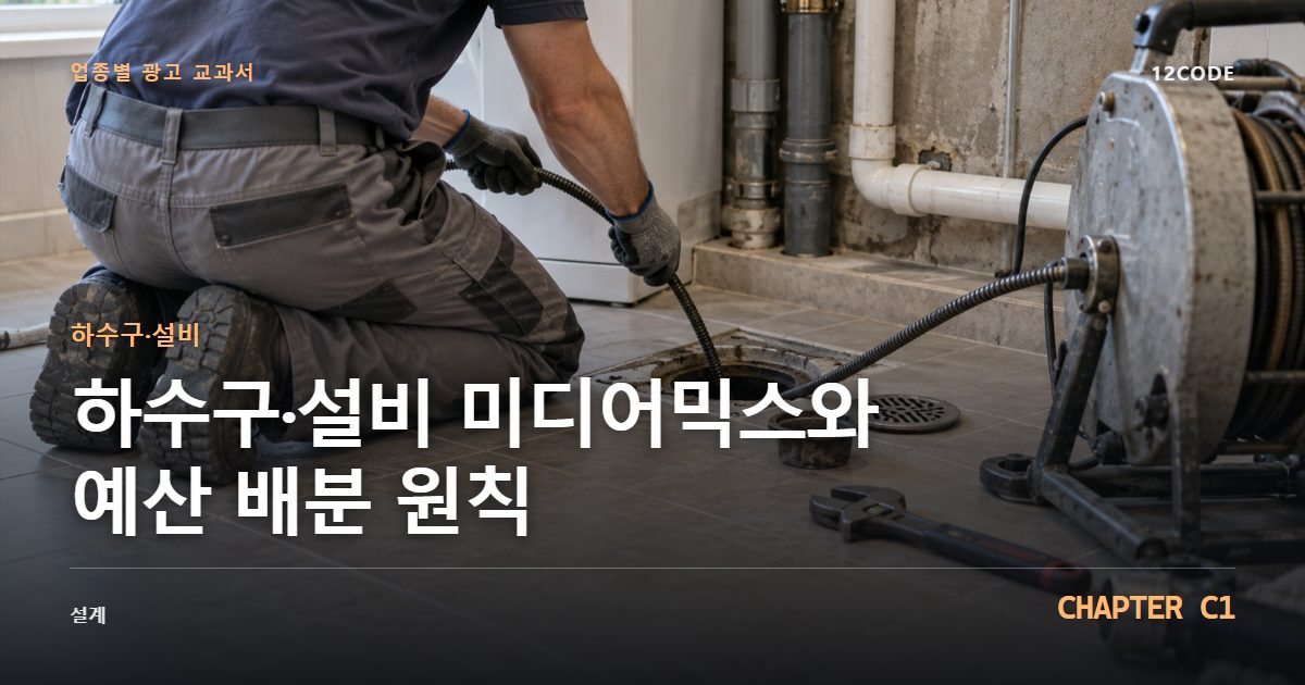 하수구·설비 업종별 광고 교과서 C1장, 미디어믹스와 예산 배분 원칙을 안내하는 표지 이미지