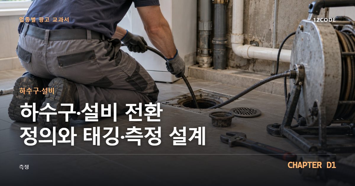 하수구·설비 업종별 광고 교과서 D1장, 전환 정의와 태깅·측정 설계을 안내하는 표지 이미지