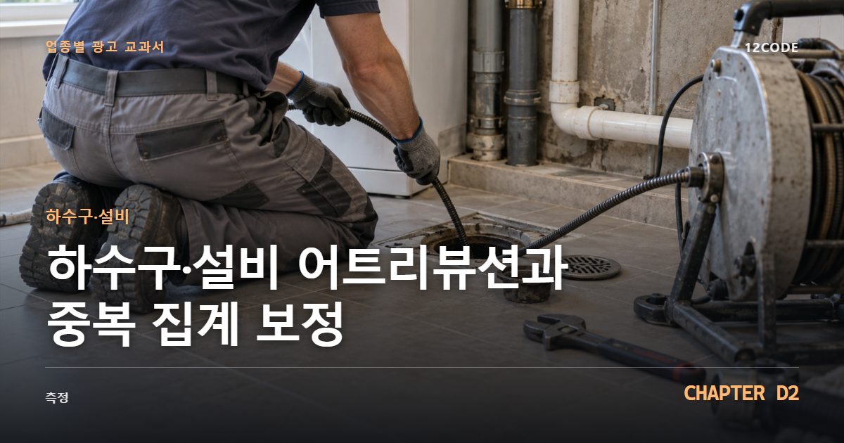 하수구·설비 업종별 광고 교과서 D2장, 어트리뷰션과 중복 집계 보정을 안내하는 표지 이미지
