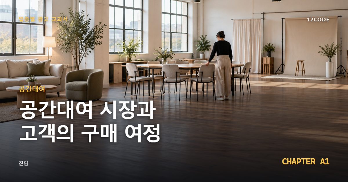 공간대여 업종별 광고 교과서 A1장, 시장과 고객의 구매 여정을 안내하는 표지 이미지