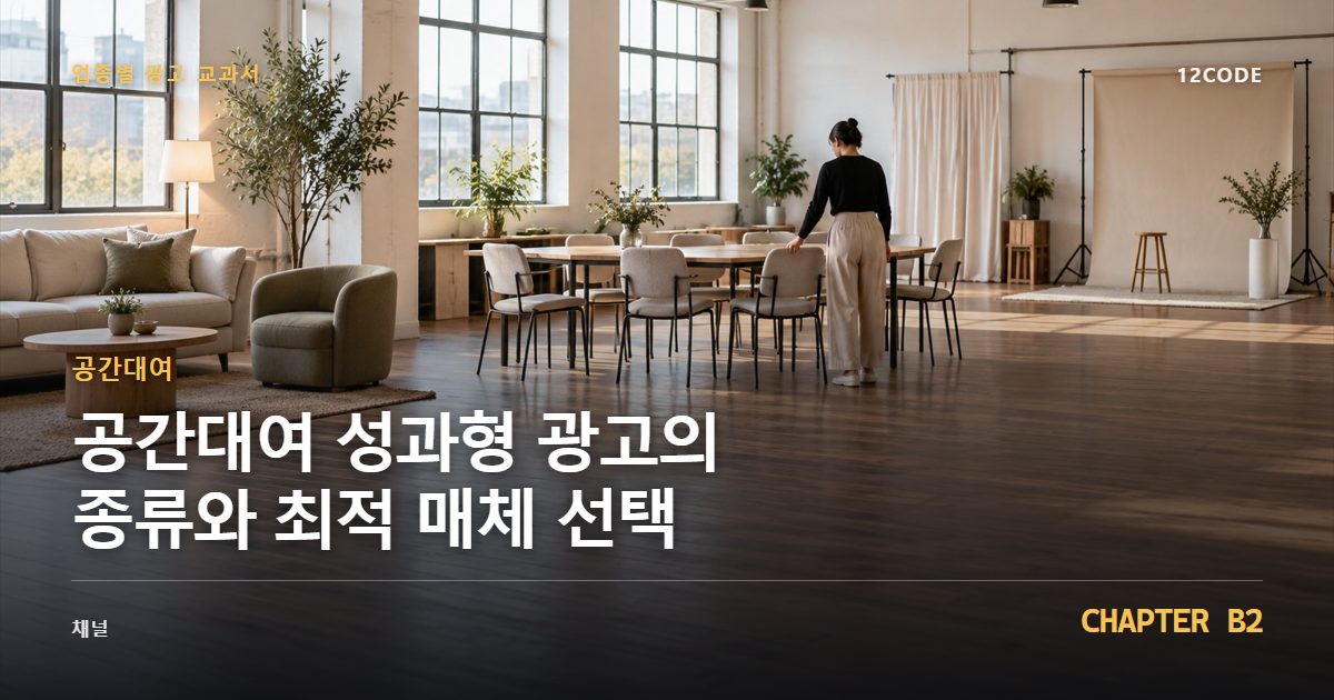 공간대여 업종별 광고 교과서 B2장, 성과형 광고의 종류와 최적 매체 선택을 안내하는 표지 이미지