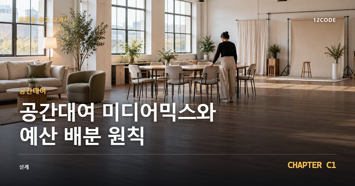 공간대여 업종별 광고 교과서 C1장, 미디어믹스와 예산 배분 원칙을 안내하는 표지 이미지