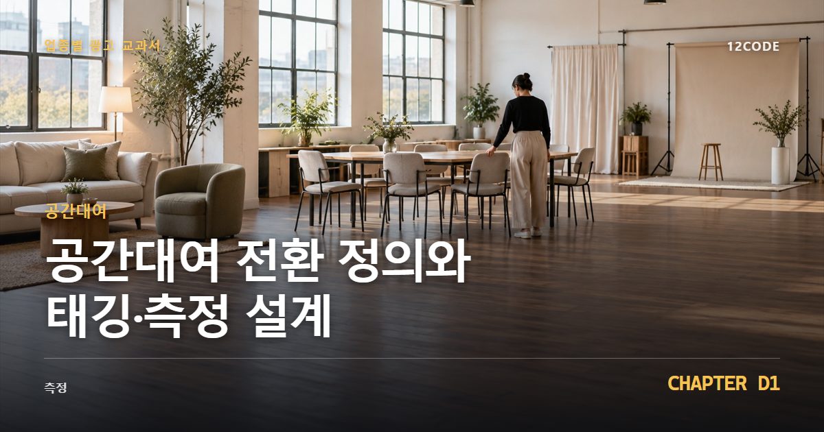 공간대여 업종별 광고 교과서 D1장, 전환 정의와 태깅·측정 설계을 안내하는 표지 이미지