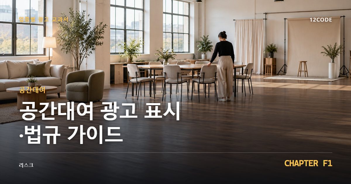 공간대여 업종별 광고 교과서 F1장, 광고 표시·법규 가이드을 안내하는 표지 이미지